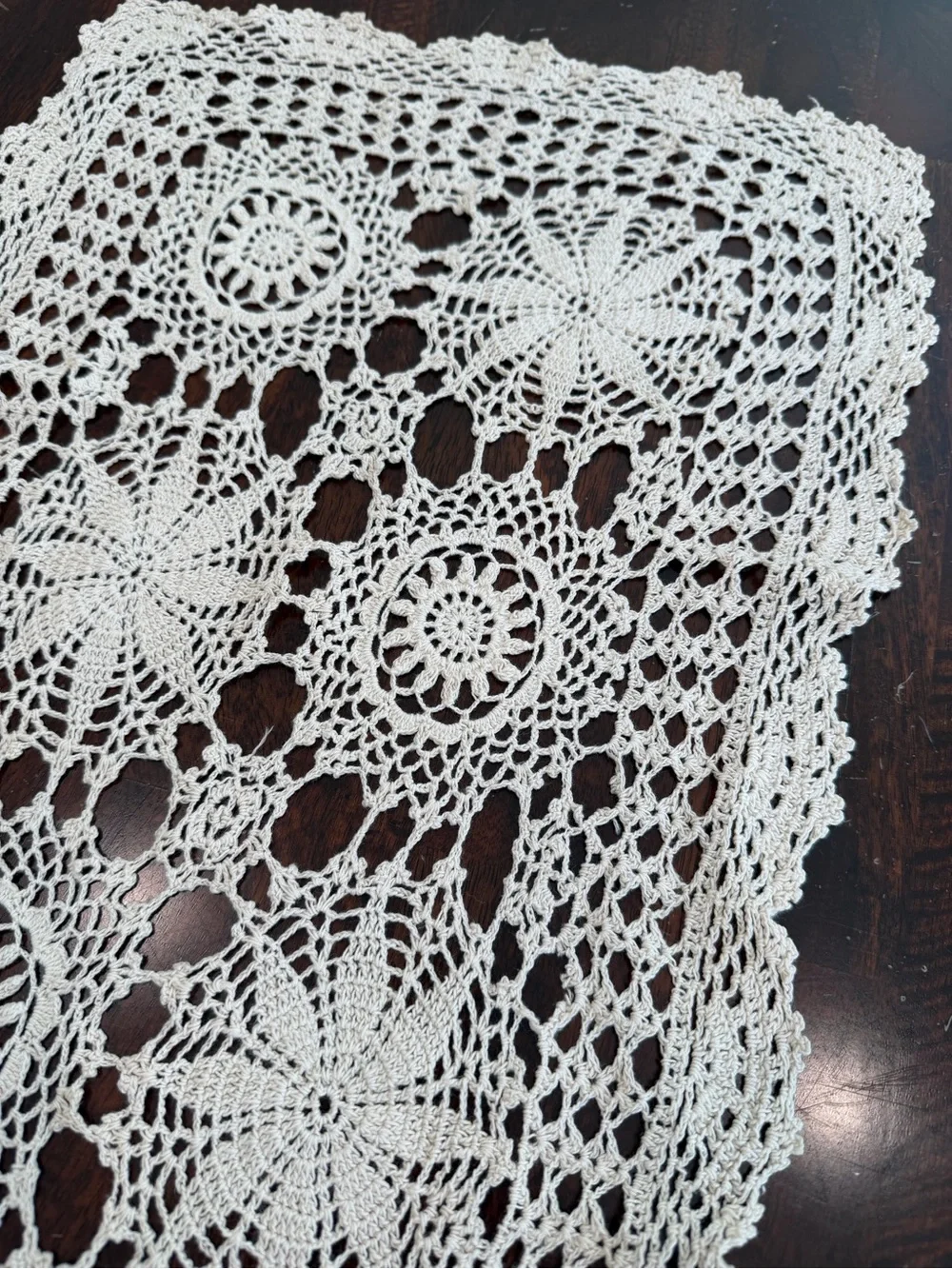 Vintage Hand-Crocheted Cream Table Runner off white 32”x13” floral Cottagecore